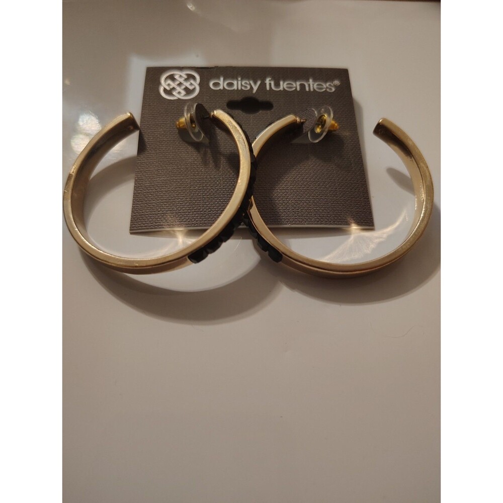 Daisy Fuentes Goldtone Hoop with Black Stone Earrings New - Picture 2 of 5